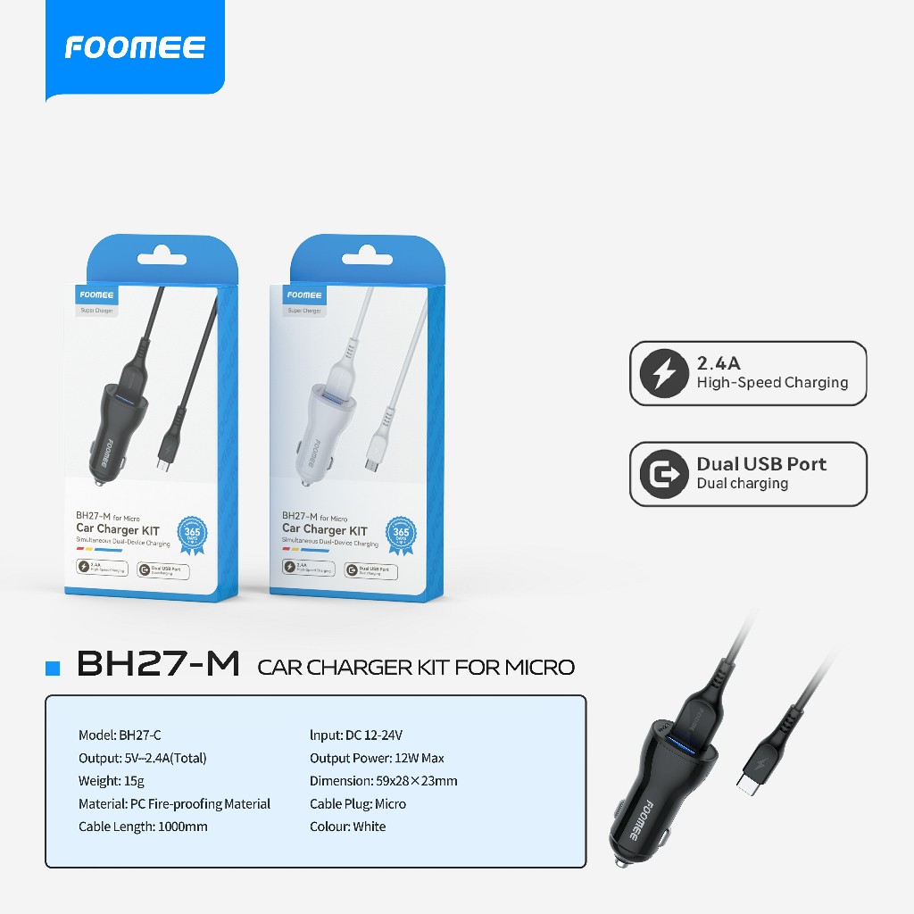[FOOMEE] Car Charger With Micro Cable BH27 Fast Charging | Casan Mobil Iphone/Android