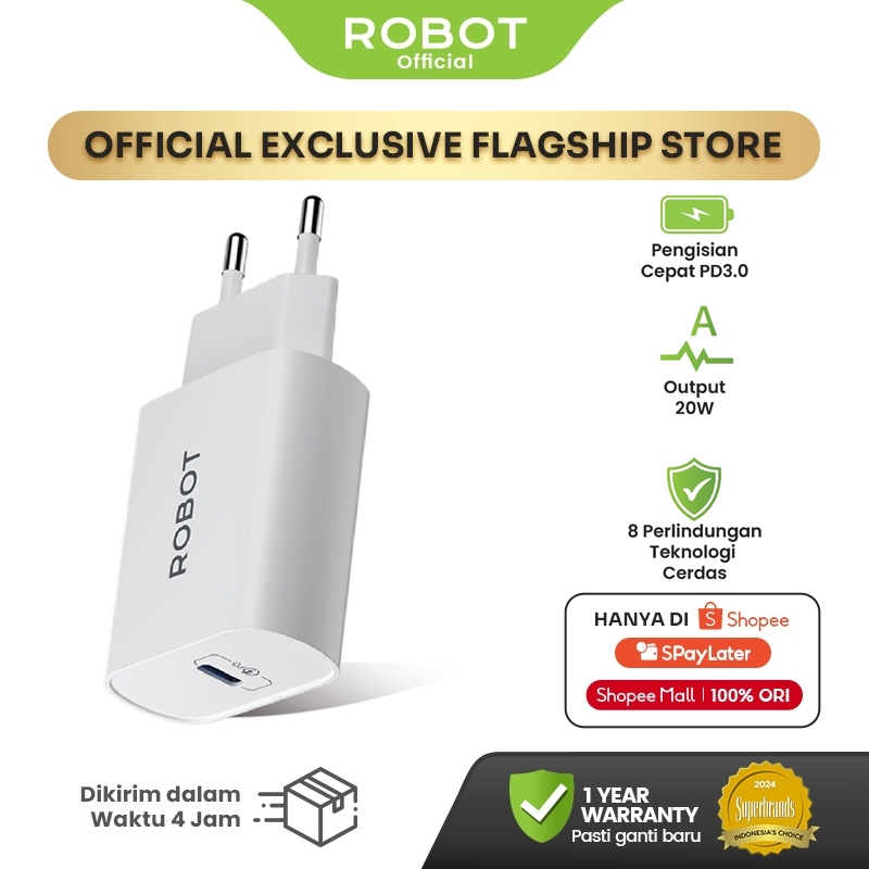 ROBOT Adaptor Kepala Charger iPhone 17 16 15 14 13 Samsung Type C PD 20W Fast Charging RT-L6 Origina