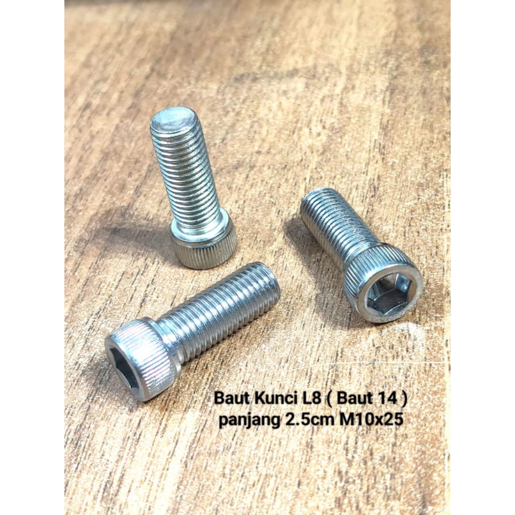 (4pcs) Baut kunci L8 panjang 2.5cm kepala kecil M10x25( baut 14)