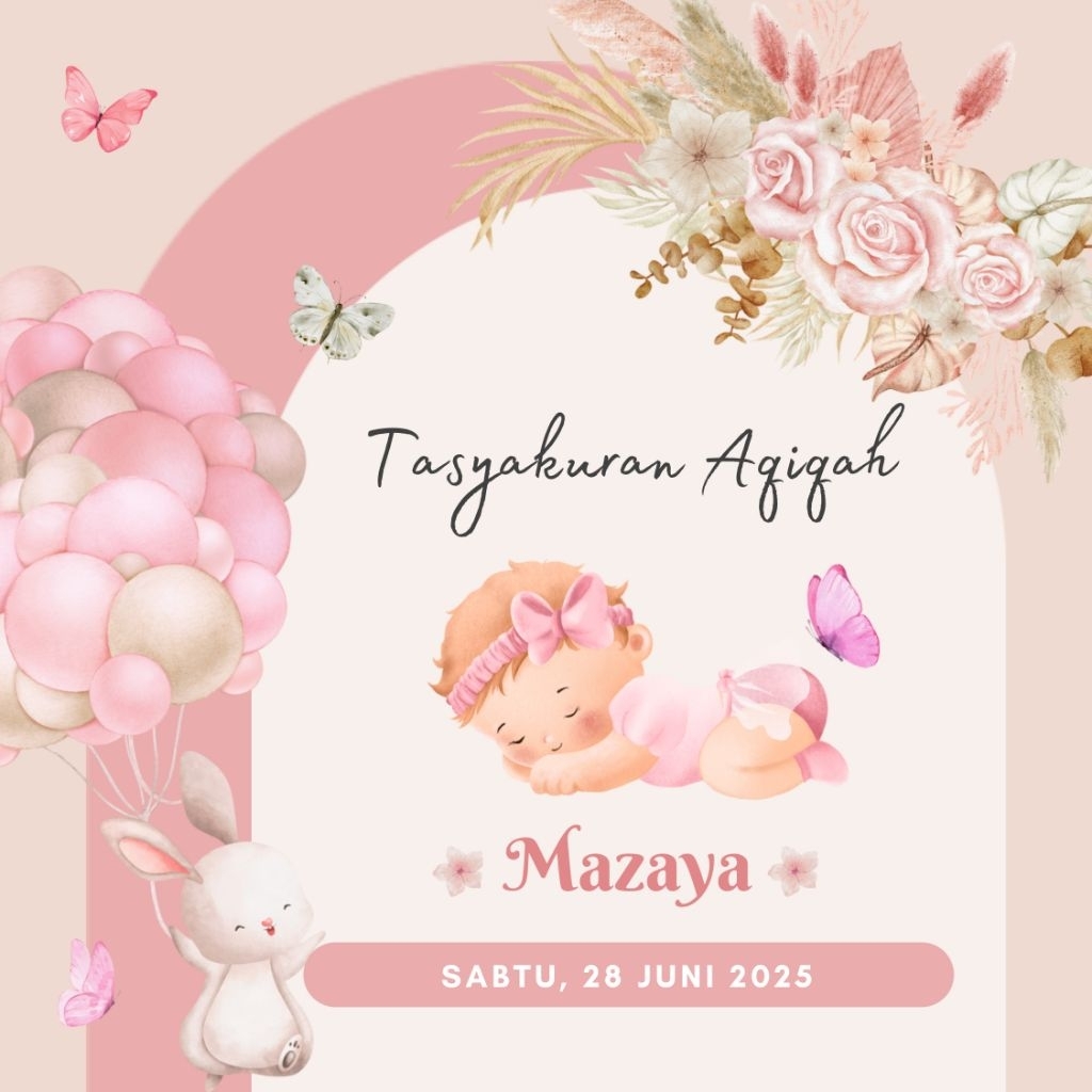 Undangan Video Aqiqah AQ223 Tema Baby Girl Bunga Floral Rustic Kelinci Rabbit Bunny Balon Udara Warn