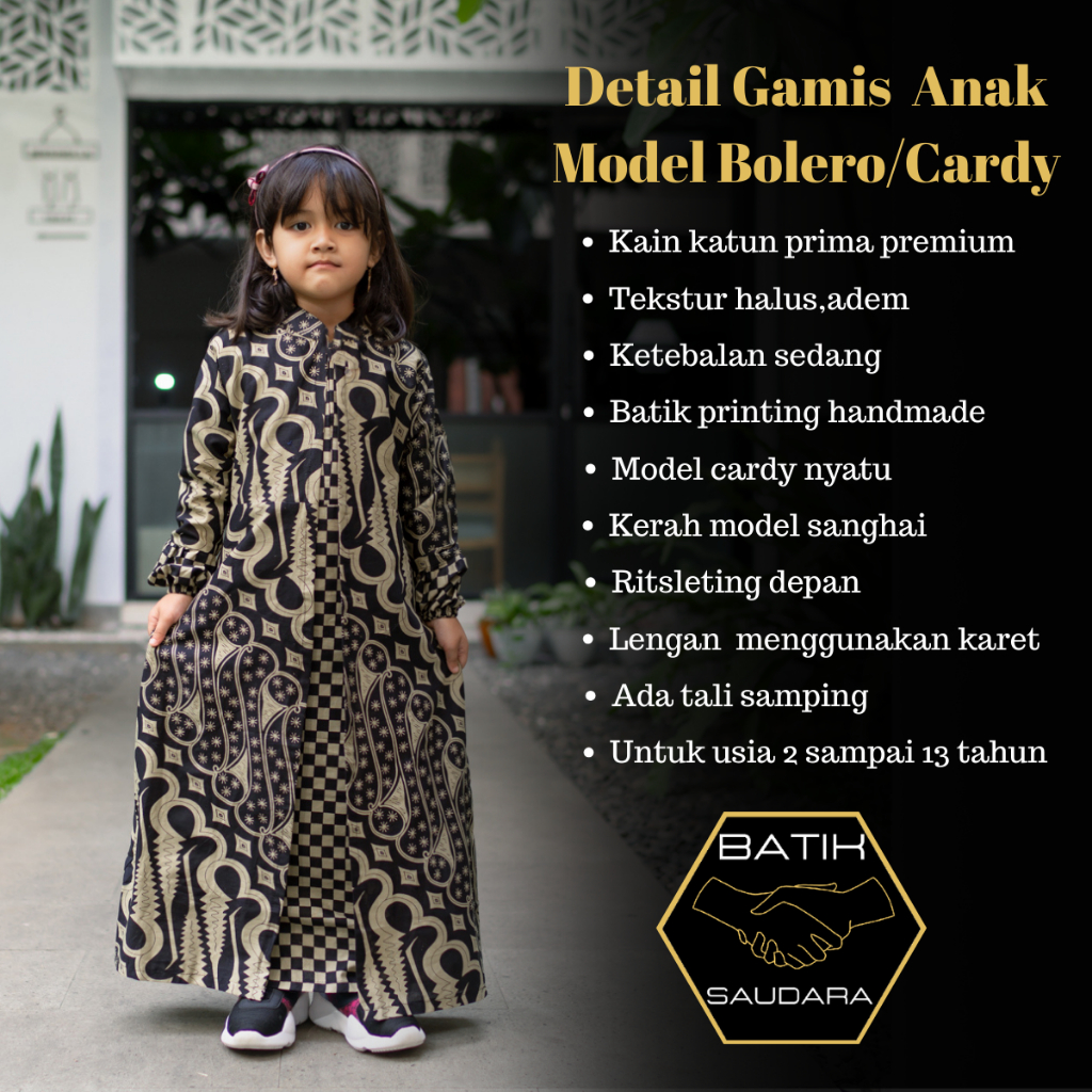 Baju Muslim Anak Perempuan Gamis Batik Kombinasi Polos Katun Motif Seno Ageng