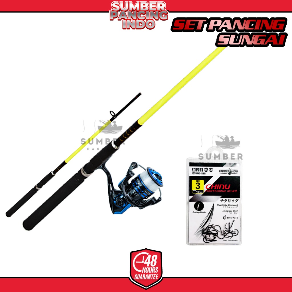 SET PANCING Lengkap Joran SET PANCING SUNGAI  - Reel HammerHead - Senar Mono - Kail Chinu Cocok Untu
