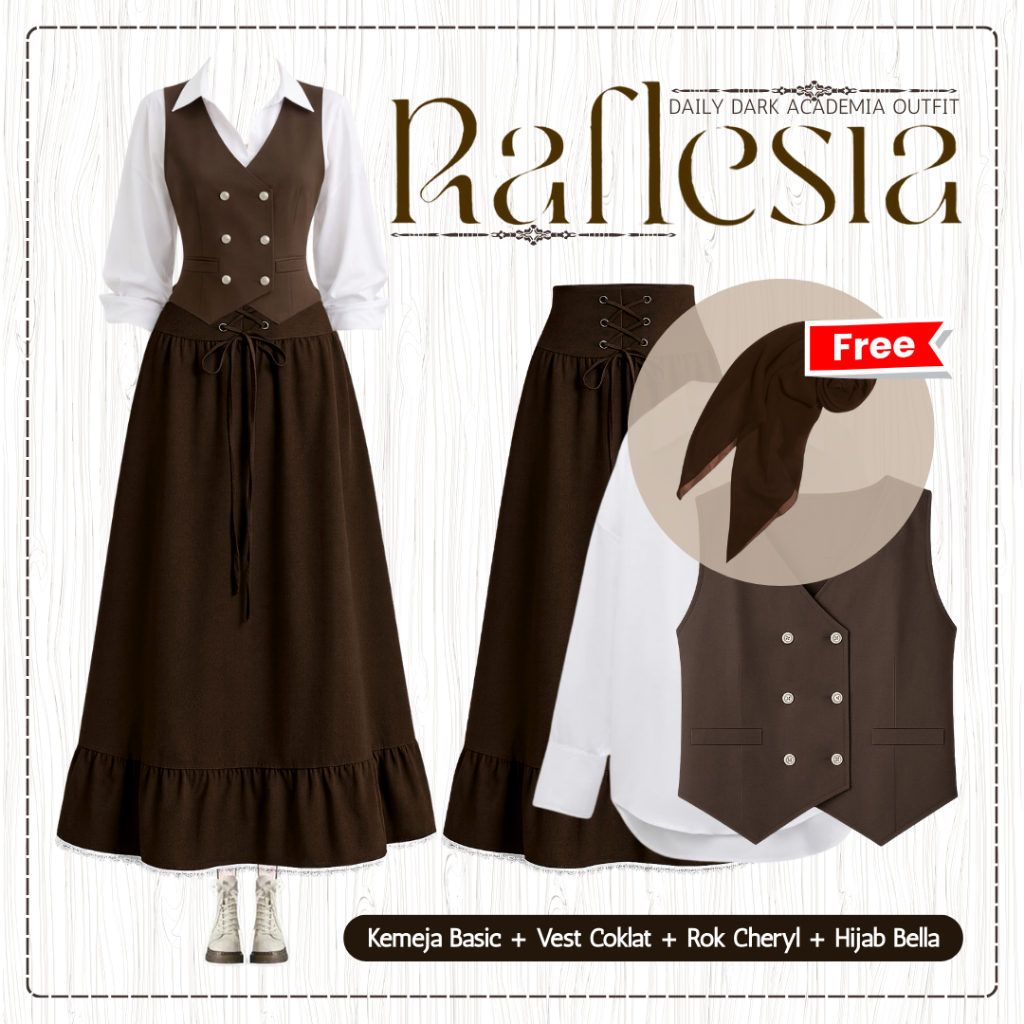 [Hijab Frendly] Daily Dark Academia Outfit | Kemeja Basic + Vest + Rok Cheryl + Hijab | CHIKY0104