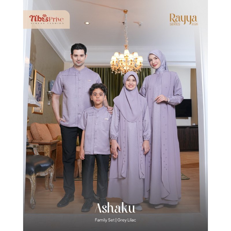 SARIMBIT FAMSET ASHAKU LILLAC SERAGAM LEBARAN KELUARGA NIBRAS 2026 DIARAYYAKU ASHAKU GREY LILAC BY N