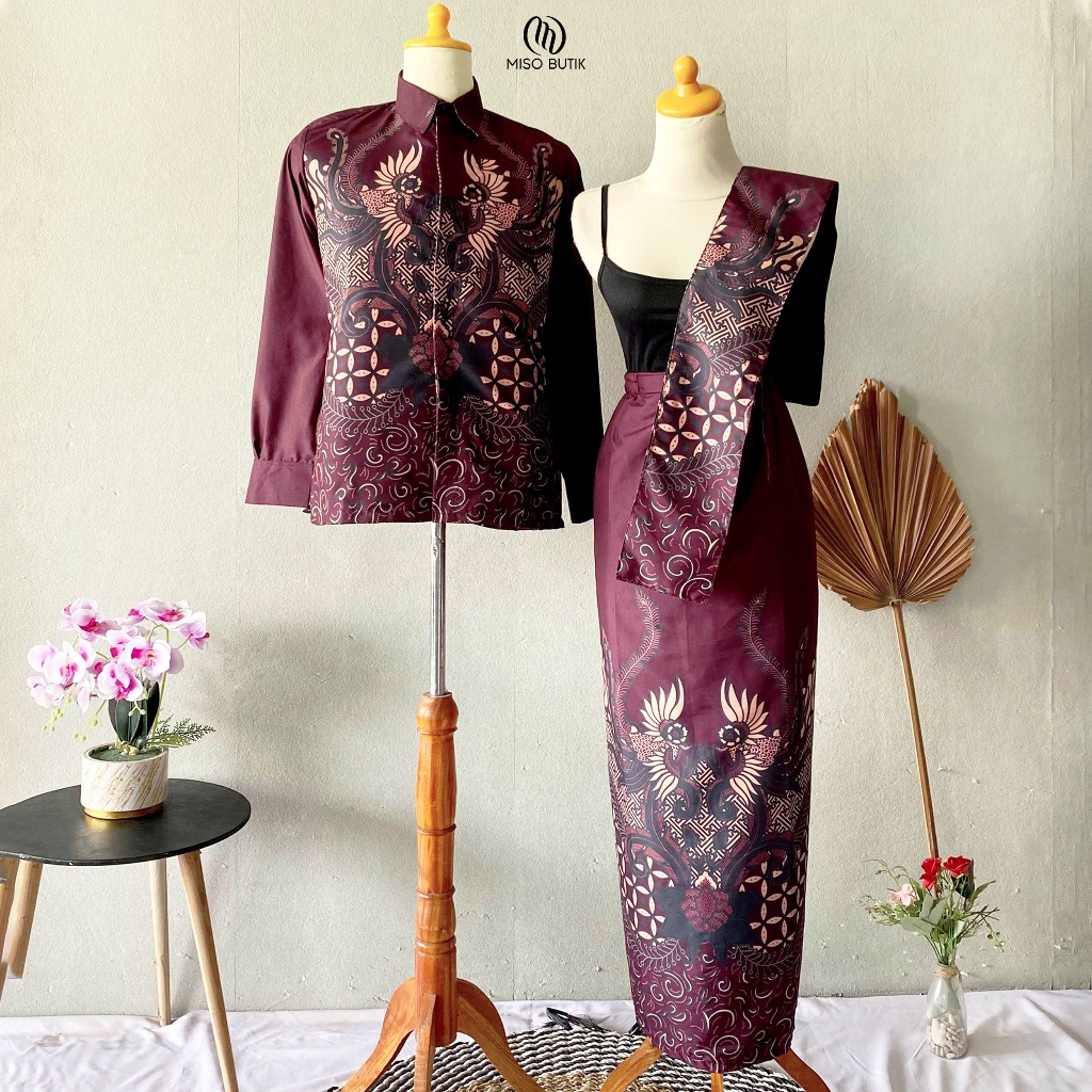 MISO BUTIK - Couple Batik Sarimbit WIRASENA Kemeja Slim Fit Pria & Rok Batik Free Selendang  Bawahan