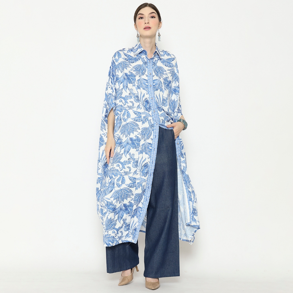 Kanzi Collection Blue Tiles Button  Kaftan