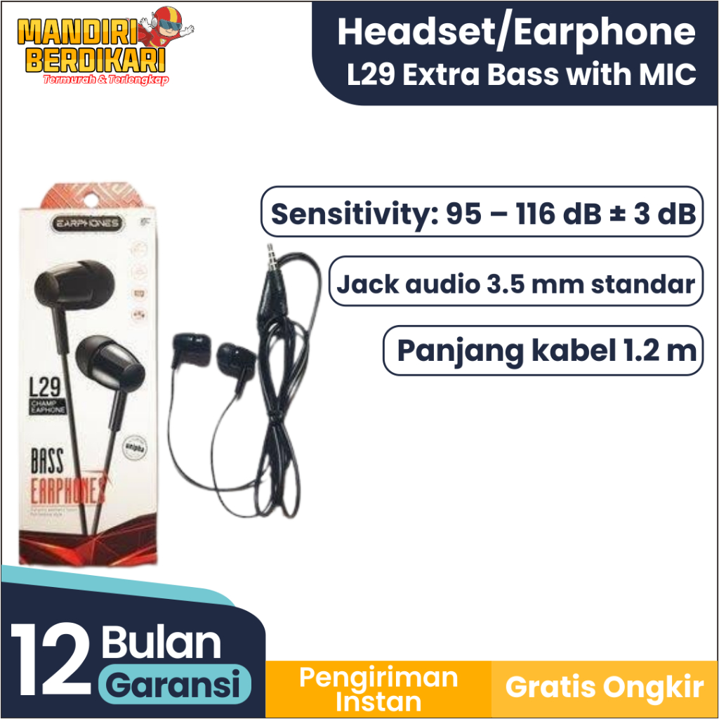 Headset Handsfree Earphone L29 Extra Bass With MIC ClearJack 3.5 Universal Stereo