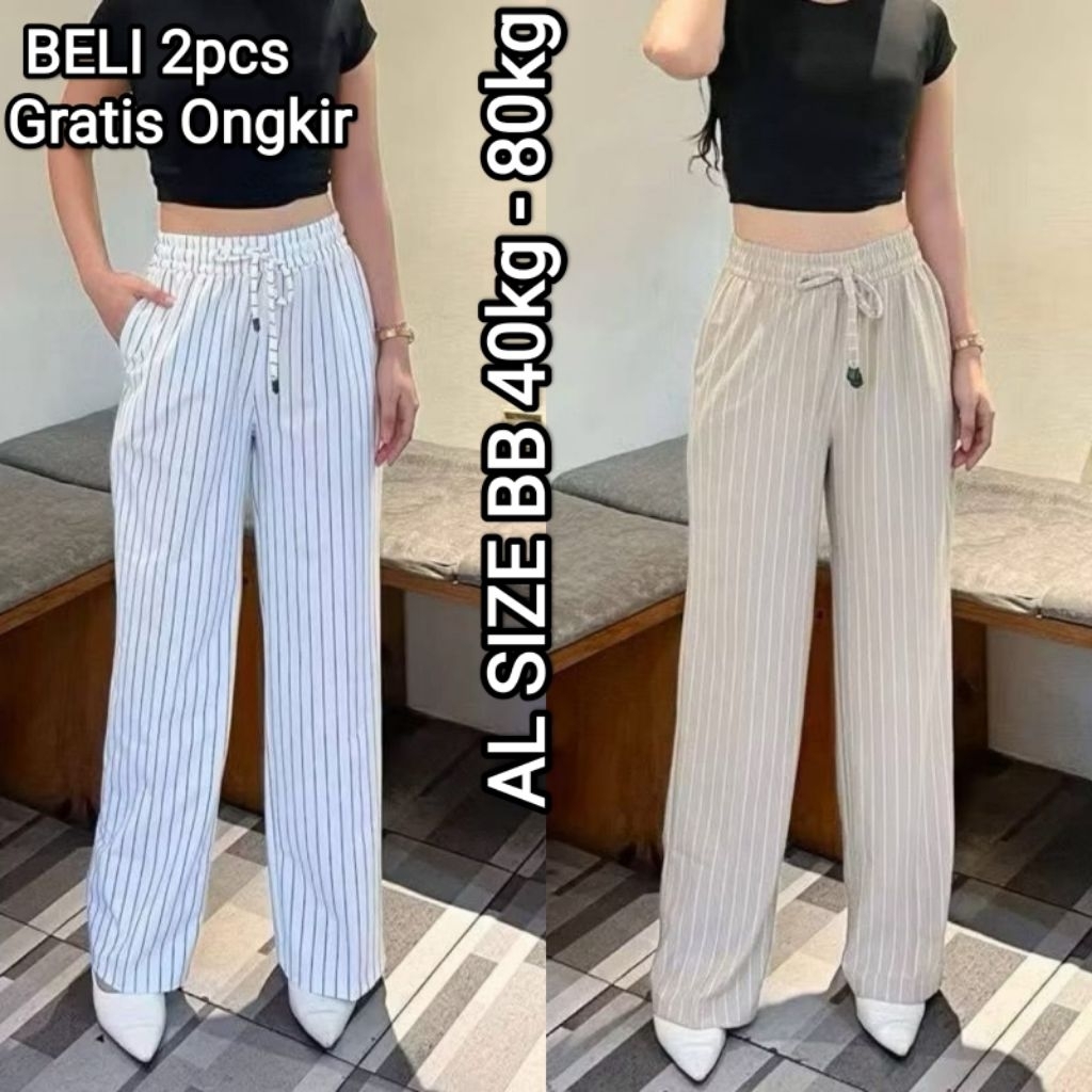 Everday Stripe Pants Bangkok - Celana Panjang Wanita Baggy Kantor Kuliah Motif Garis Kulot Pinstripe