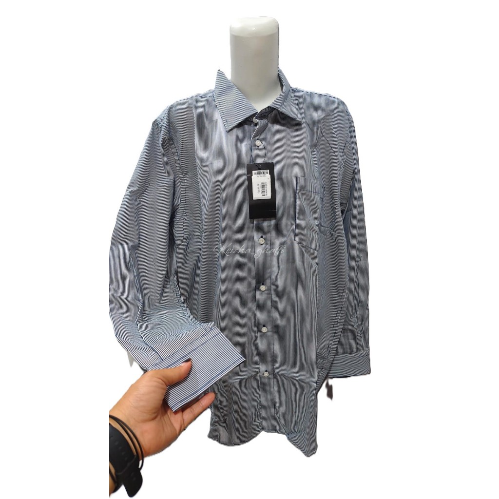 Gianni Visentin -Kemeja Pria Lengan Panjang Salur Biru Putih/Kemeja Salur Reguler Fit Lengan Panjang