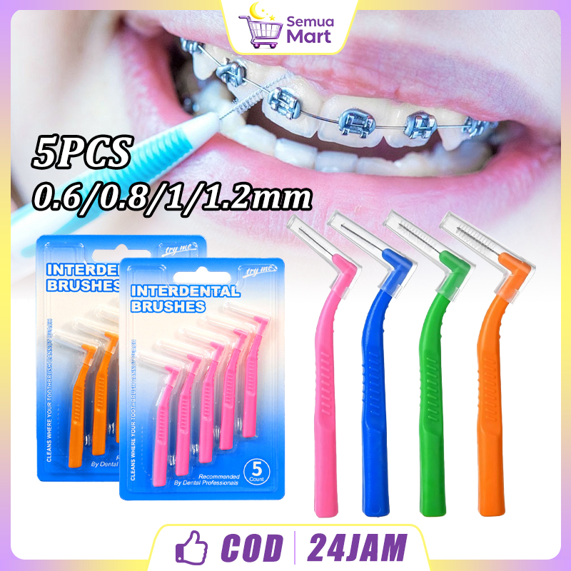 5Pcs Sikat Sela Gigi Super Halus L Bengkok 0.6/0.8/1.0/1.2mm Alat Ortho Pembersih Behel