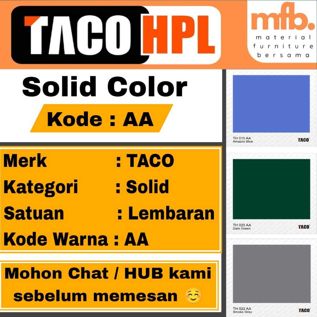 HPL TACO PER LEMBAR UKURAN 1220 X 2440mm SOLID COLOR (TH 014 AA, TH 015 AA, TH 016 AA, TH 017 AA, TH