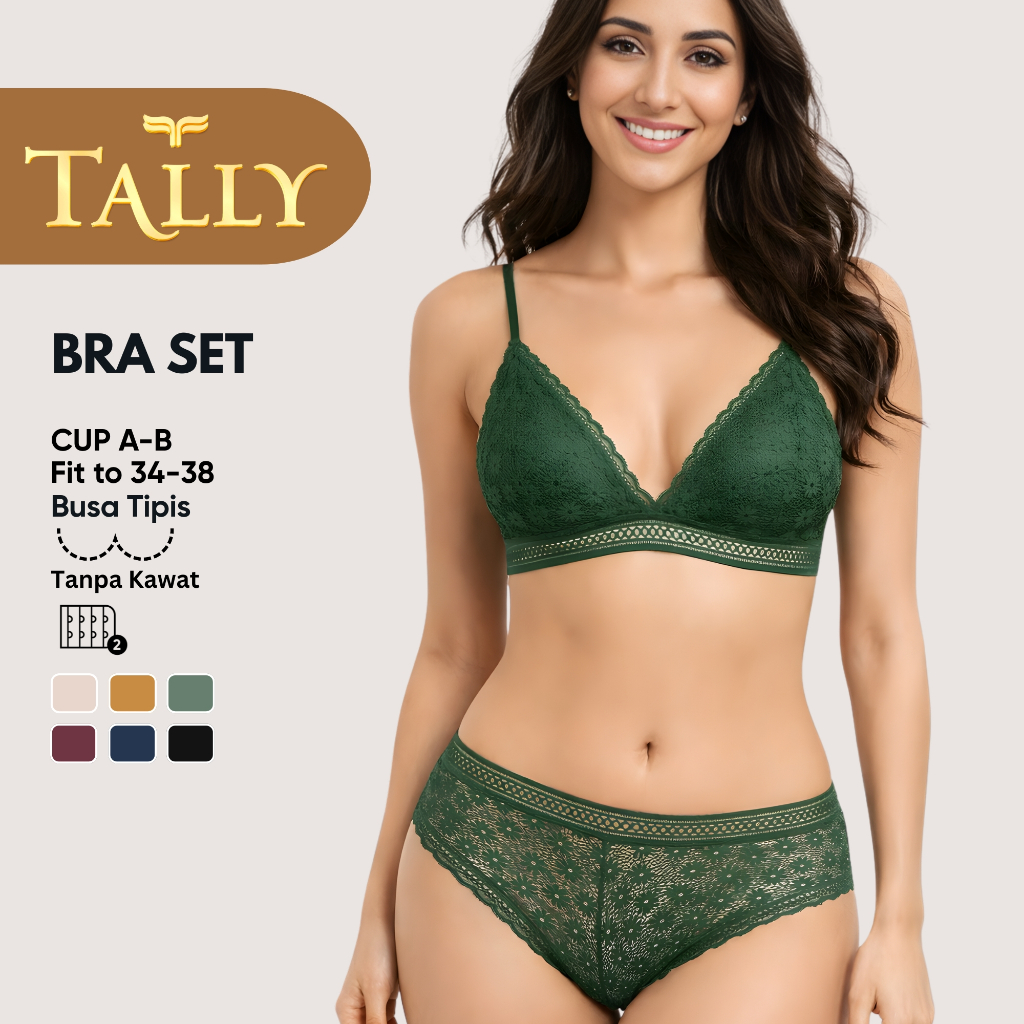 TALLY Bra Set Tanpa Kawat Busa Tipis Bahan Brokat CUP A - B Kait 2 Bra Transparan BH 7338 Sarwendah