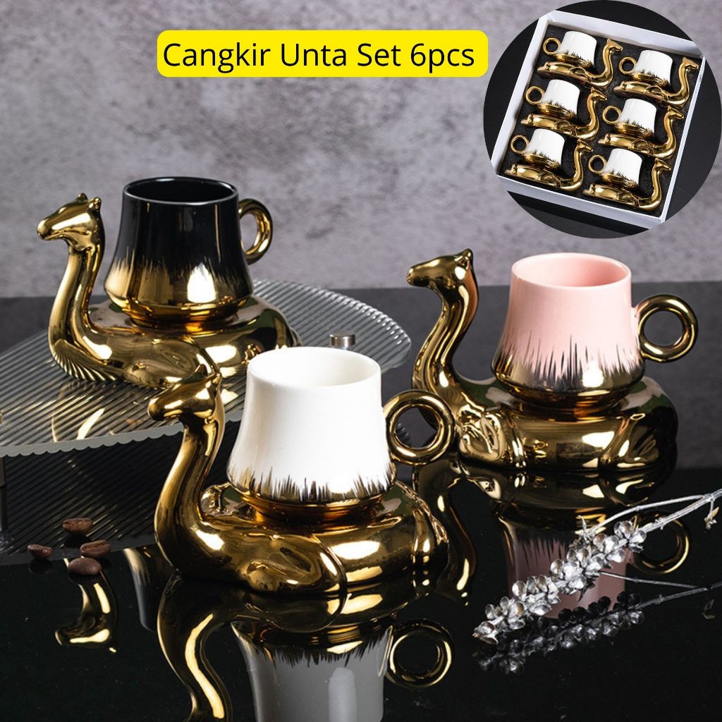 Set Cangkir Keramik Kopi Teh Unta Gold Pink Putih Hitam 12pcs | Gelas Teh Keramik Estetik Mewah 6 ca