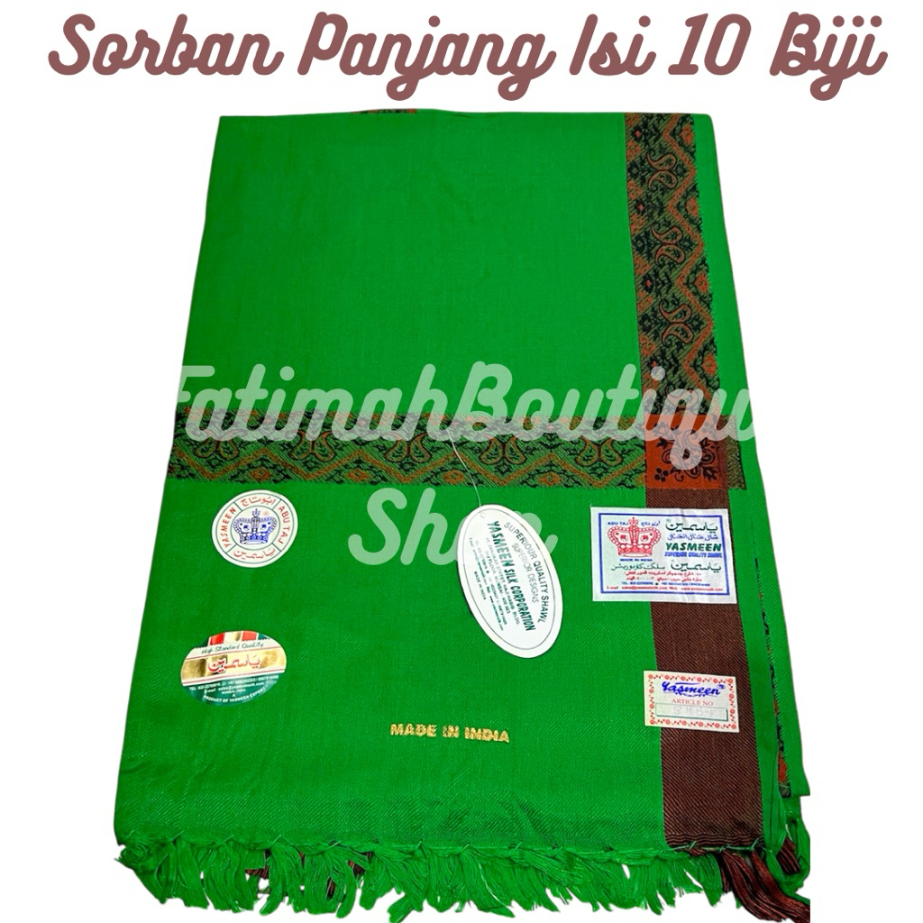 Grosir Isi 10 biji Sorban Kashmir Yasmeen Abu Taj Hijau Putih Warna Dewasa Persegi Panjang Halus Per