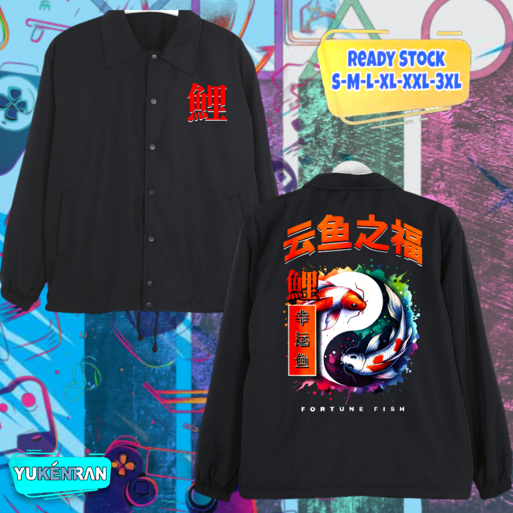 JAKET COACH STREETWEAR JAPANESE STYLE FORTUNE FISH YIN YANG DESIGN SIMPLE BAHAN WATERPROOF