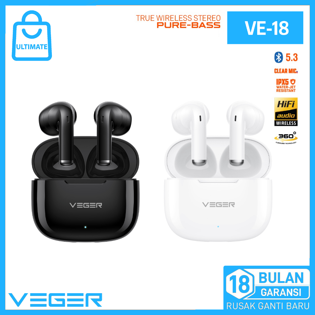 TWS Veger VE-18 True Wireless In Ear Earphone Headset Bluetooth BT 5.3 Earbuds Garansi 18 Bulan