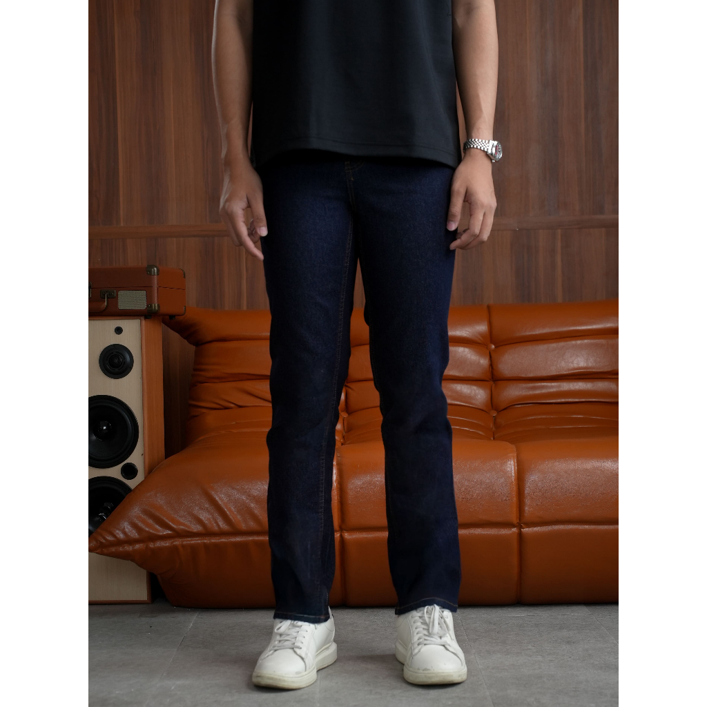 FOREX Celana Jeans Panjang Pria Navy Biru Tua Polos Regular Fit Stretch DLRS3654