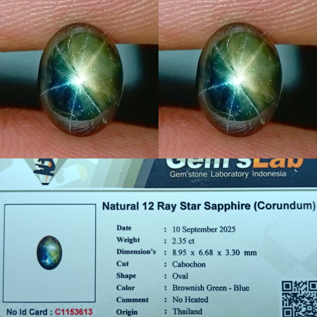 NATURAL 12 RAY STAR SAPPHIRE BROWNISH GREEN TO BLUE THAILAND MEMO GLI