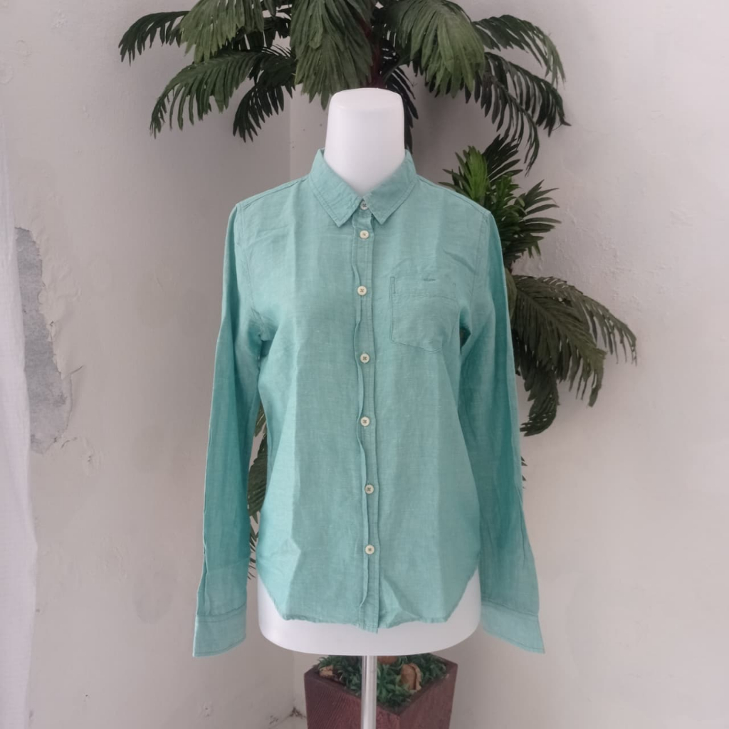 Kemeja Wanita Tangan Panjang Bahan Katun Polos Hijau Sage