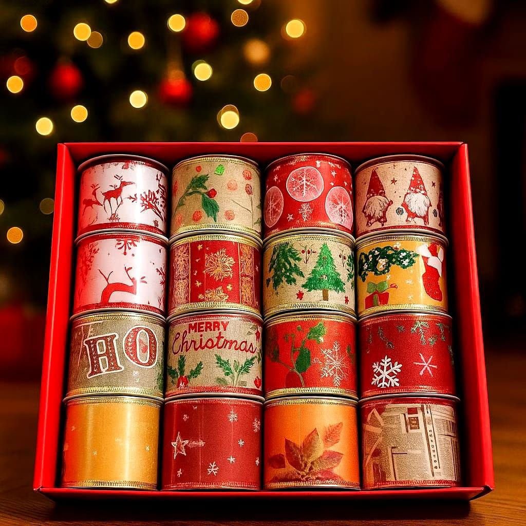 Pita Natal Roll/Pita Hiasan Pohon Natal/Pita Natal Glitter pinggiran kawat/Pita parcel Natal