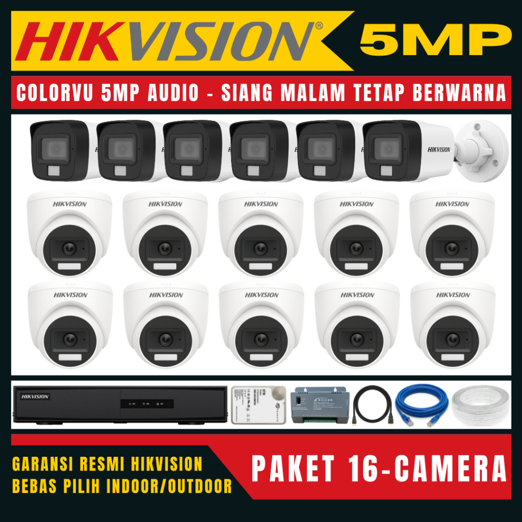 PAKET CCTV COLORVU HIKVISION 5MP 16 CHANNEL 16 KAMERA
