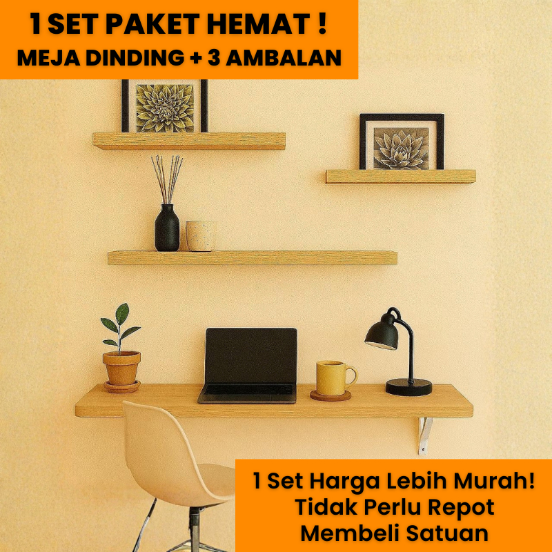 Meja Lipat Dinding + 1 Set Ambalan 3pcs Minimalis Aesthetic 100x40 80x40 60x40 Hitam Putih