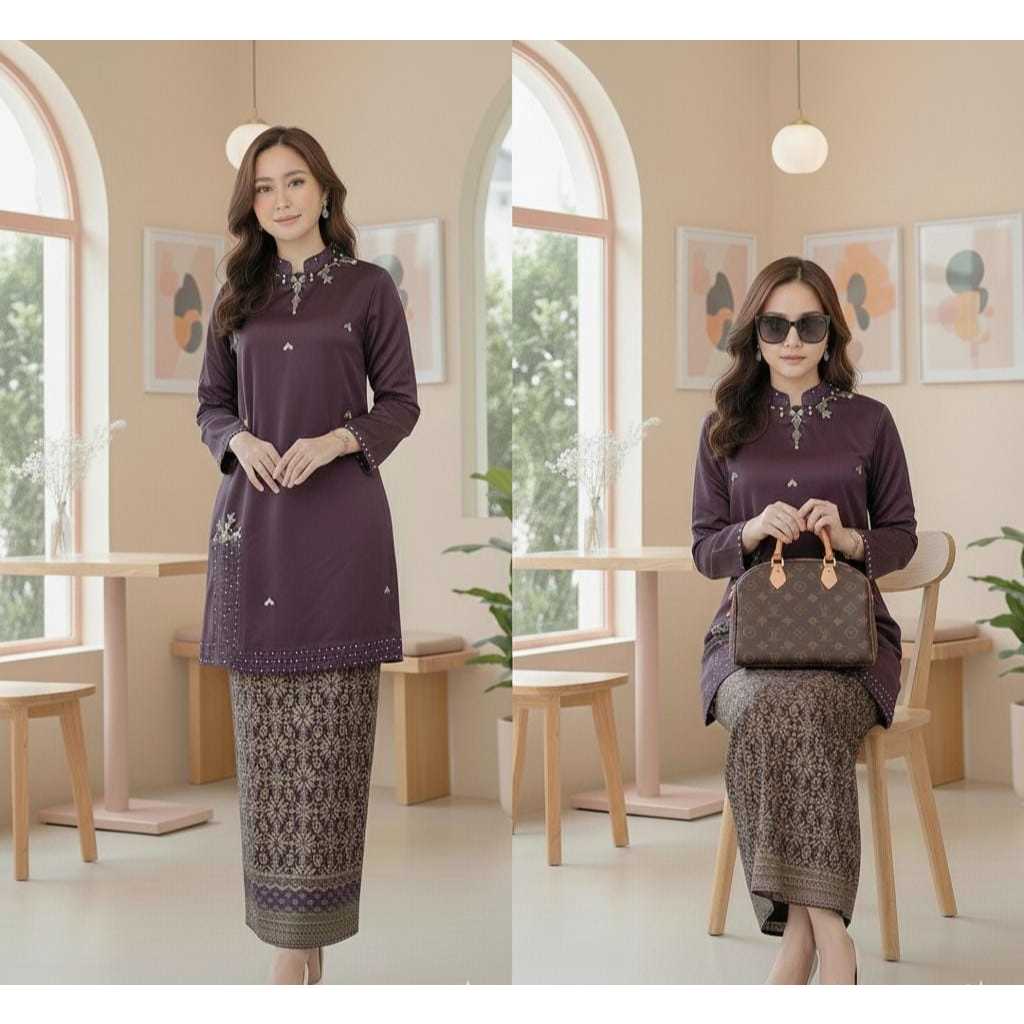 Setelan Kebaya Melayu Belah Samping Modern Wanita Elegan Premium Set Atasan & Rok Batik kebaya tunik