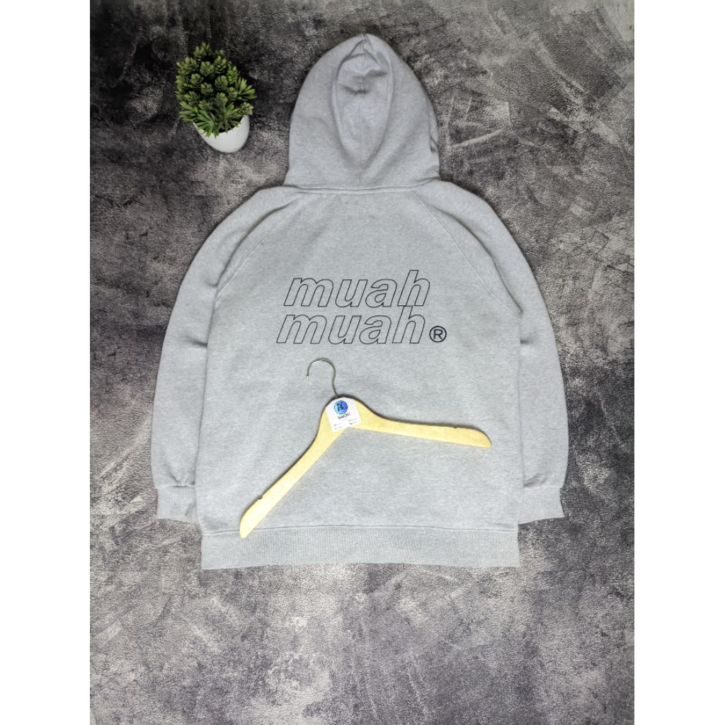 Hoodie Pullover Muahmuah Back Print Big Logo Gray Size L Second Full Tag No Minus