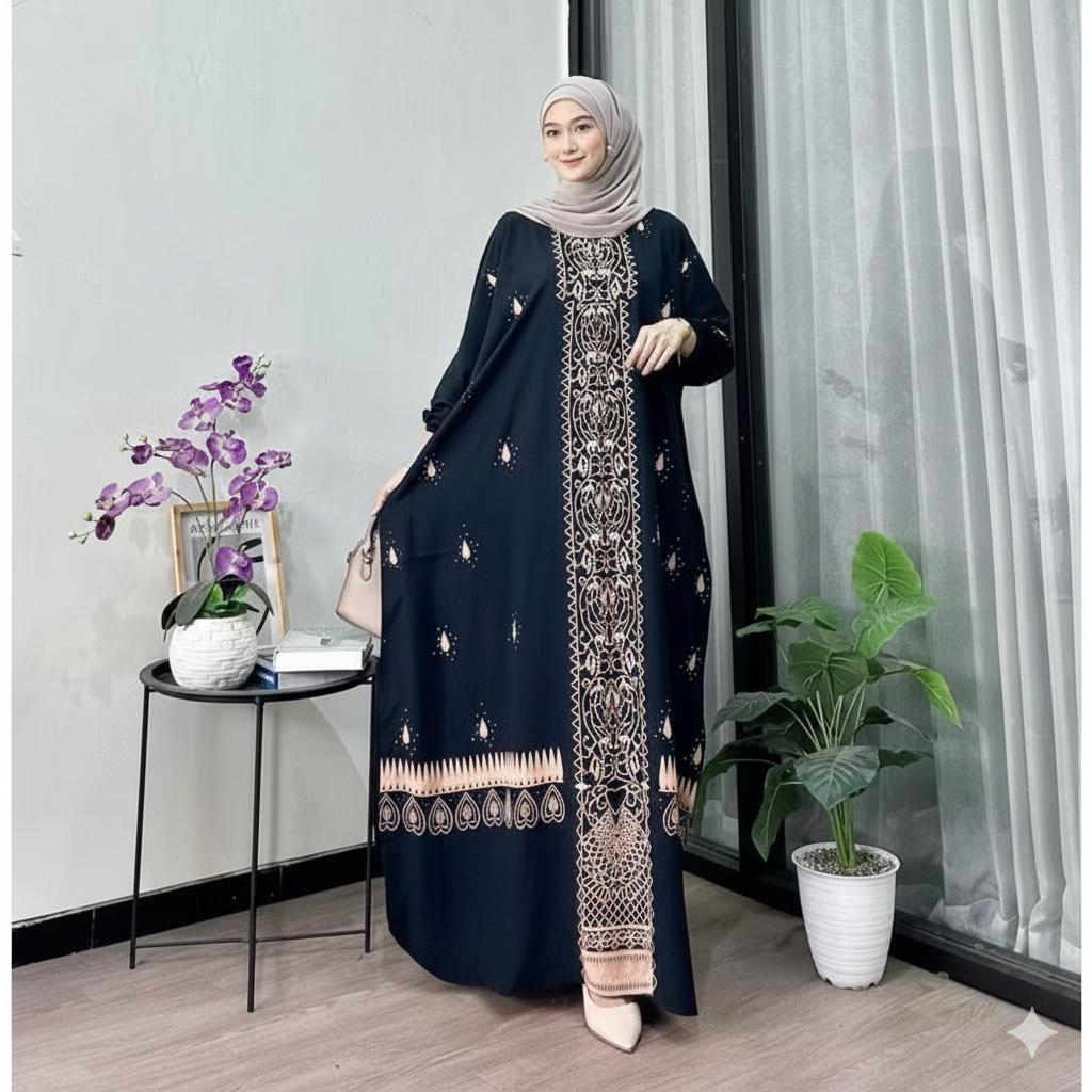 Kaftan Motif Cunda Bahan Rayon Tebal  Adem Nyaman Busui Gamis Dress Panjang Wanita Remaja Dewasa