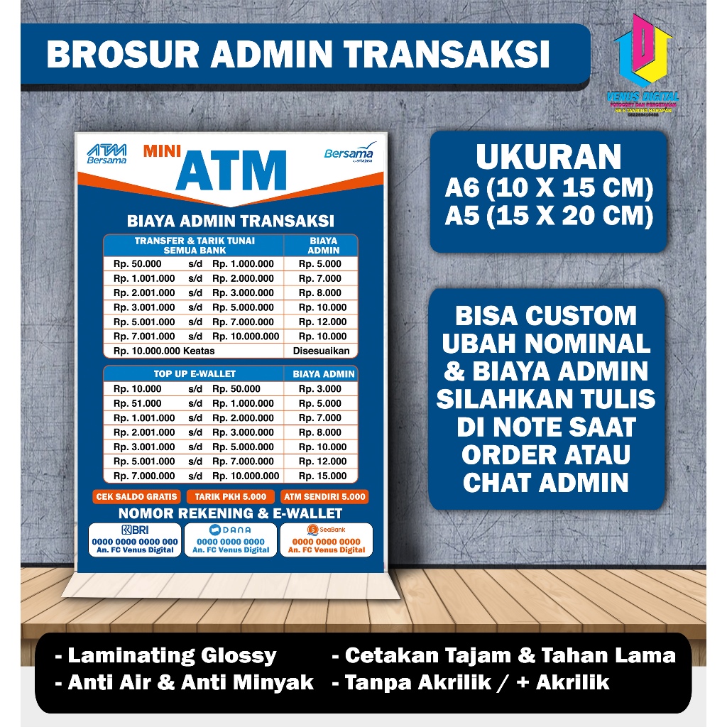 CETAK DAFTAR BIAYA ADMIN TRANSAKSI MINI ATM + STAND AKRILIK A6 10 X 15 CM & A5 15 X 20 CM