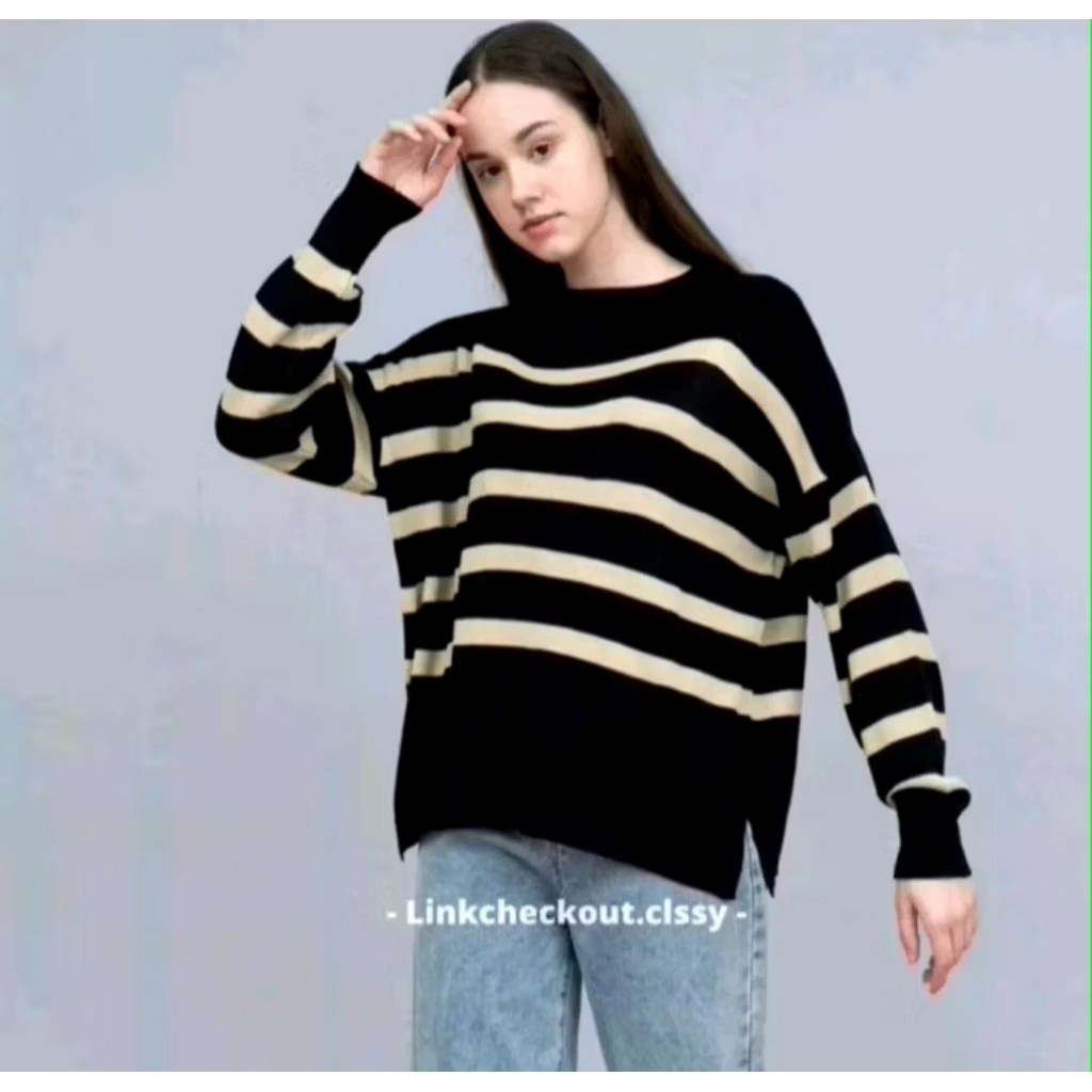 Maudy Sweater Rajut Premium / Sweater knit garis garis stripe atasan wanita