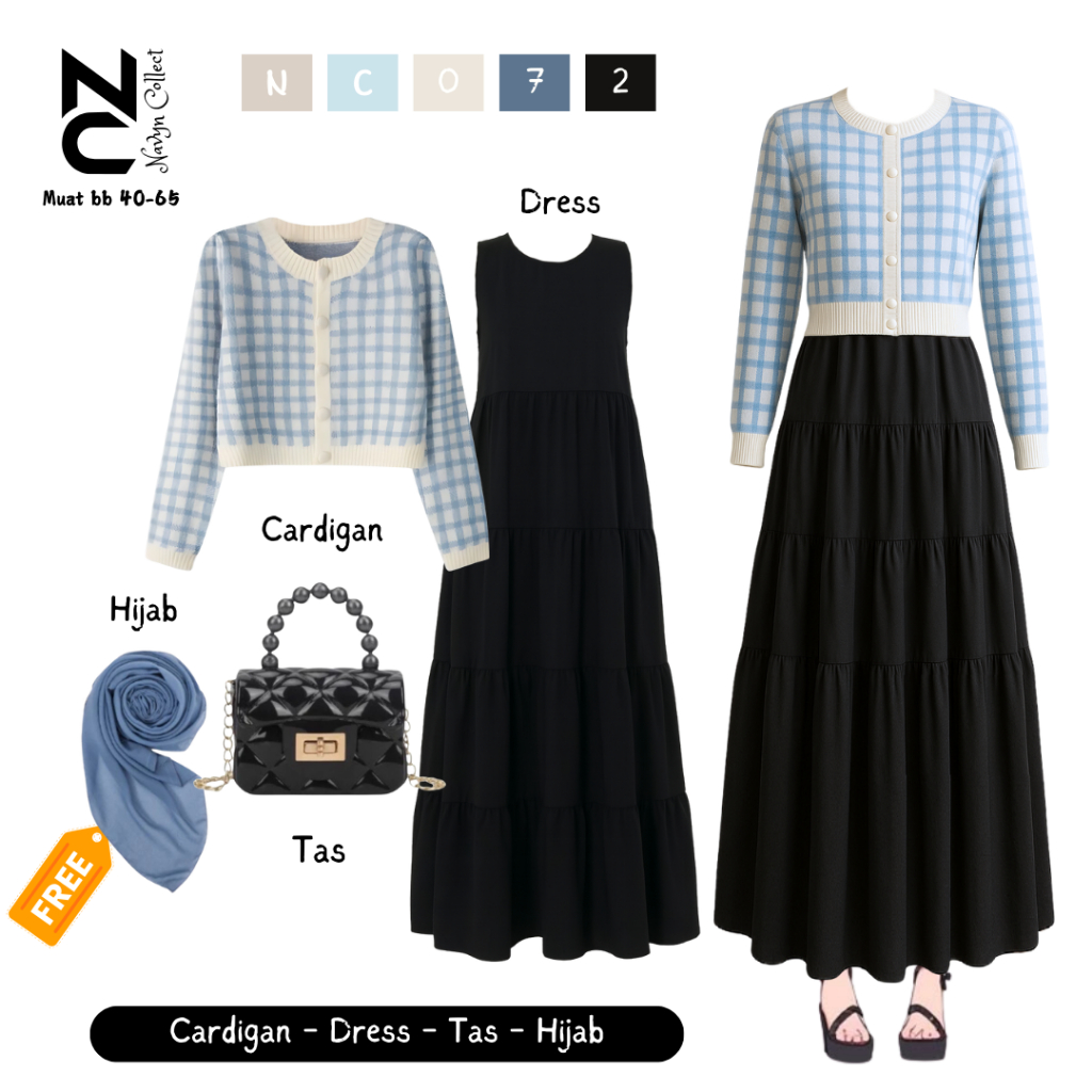 One Set Wanita Korean Style Cardigan Motif, Dress, Tas, Free Hijab OOTD Lebaran, OOTD Bukber NC0072