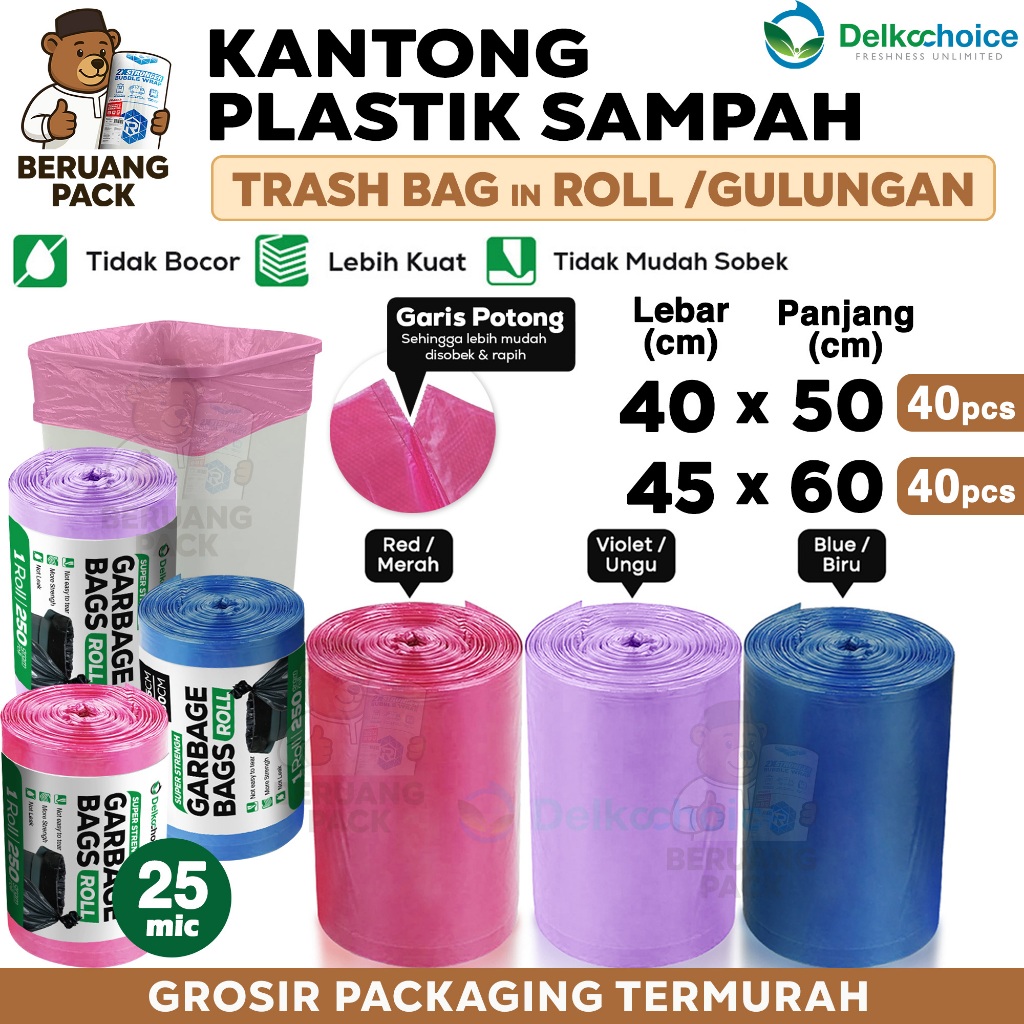 Kantong PLASTIK SAMPAH WARNA ROLL Merah Ungu Biru Trash Bag Tebal Anti Bocor Jumbo DELKOCHOICE