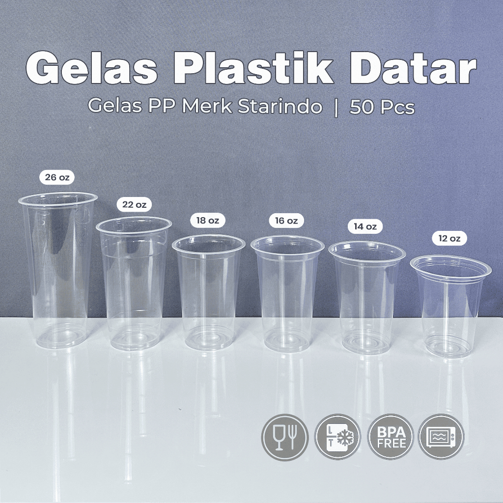 [50 PCS] Gelas Plastik Tebal STARINDO 12oz/14oz/16oz/18oz/22oz/26oz / Gelas Bahan PP / Gelas Bening