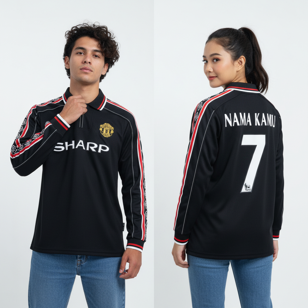 Jersey Retro LongSleve Mnchstr Untd Away 1998 1999 Long Sleeve LS Lengan Panjang Sharp momen Treble 