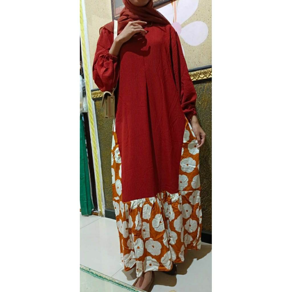 CUCI GUDANG - Gamis Dress Wanita Dewasa & Remaja Bahan Crinkle Airflow Grade A Kombinasi Rayon Motif