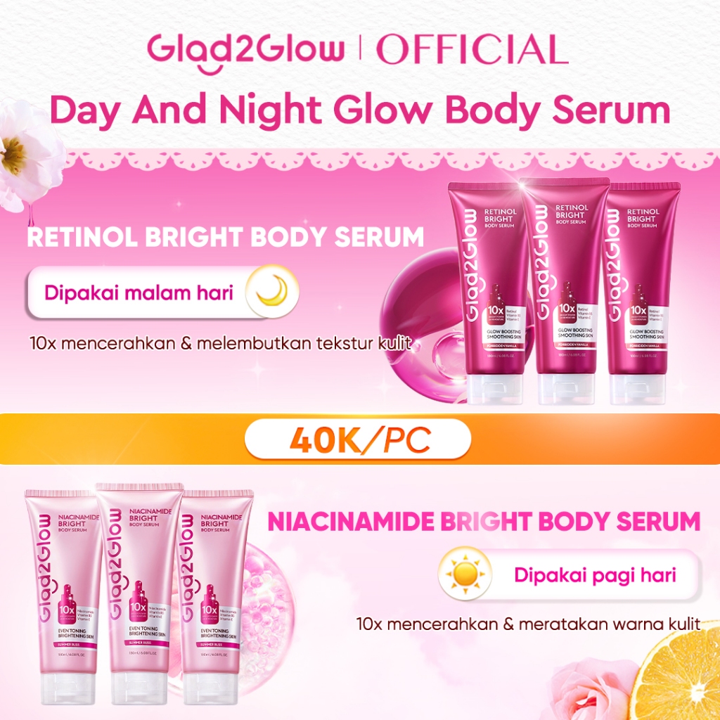 [Beli 6, 34K/PC]GLAD2GLOW NIACINAMIDE/RETINOL BRIGHT BODY SERUM BODY LOTION 10X Cerah Instant Absorb