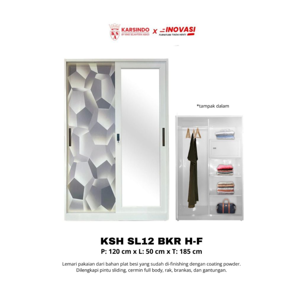 Lemari Pakaian Plat Besi 3 Pintu Sliding Gamis Gantungan Tinggi Import SL12 BKR