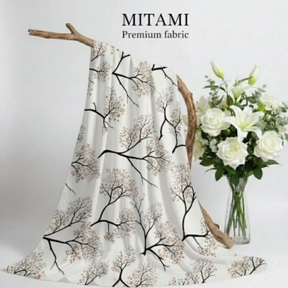 Kain Satin Silk Motif Bunga Sakura / Bahan Satin Silk Motif Pohon / Satin Motif Premium (Harga Per 0