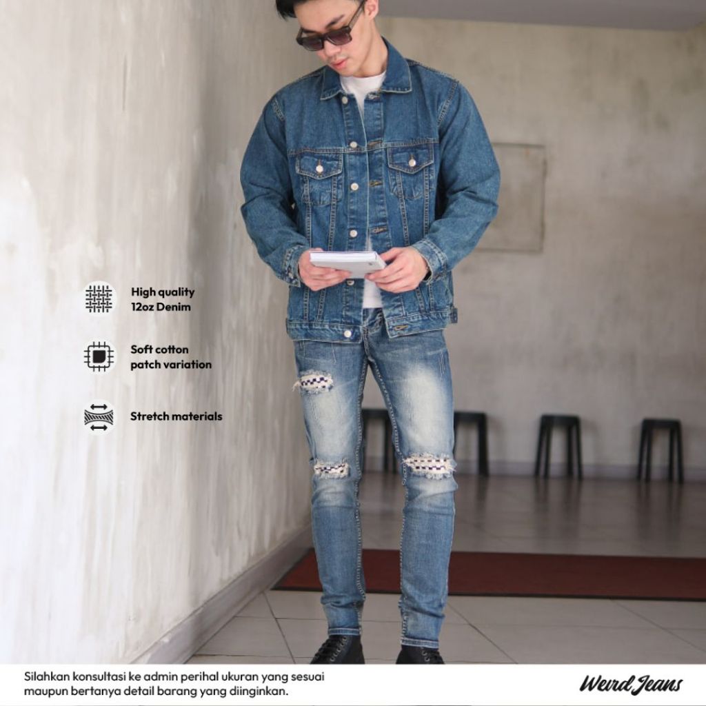 Weird Jeans   - Blue Chess - Celana Jeans Panjang Pria  Slimfit Ripped Jeans