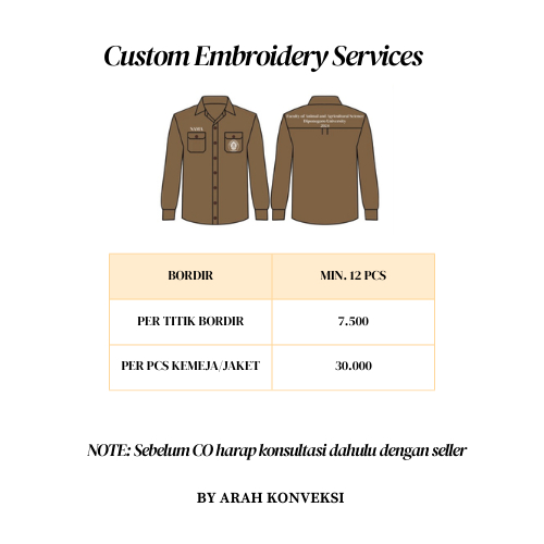 Jasa Custom Bordir Kemeja PDH Jaket Korsa Per titik Per PCS