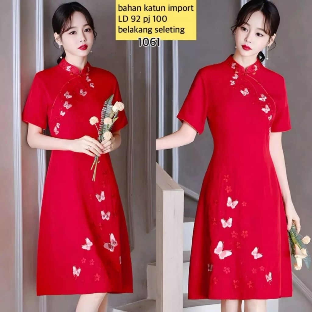 1061 Dress Cheongsam Wanita Merah Modern - Gaun Sangjit Imlek Butterfly - Bahan Katun Import Premium