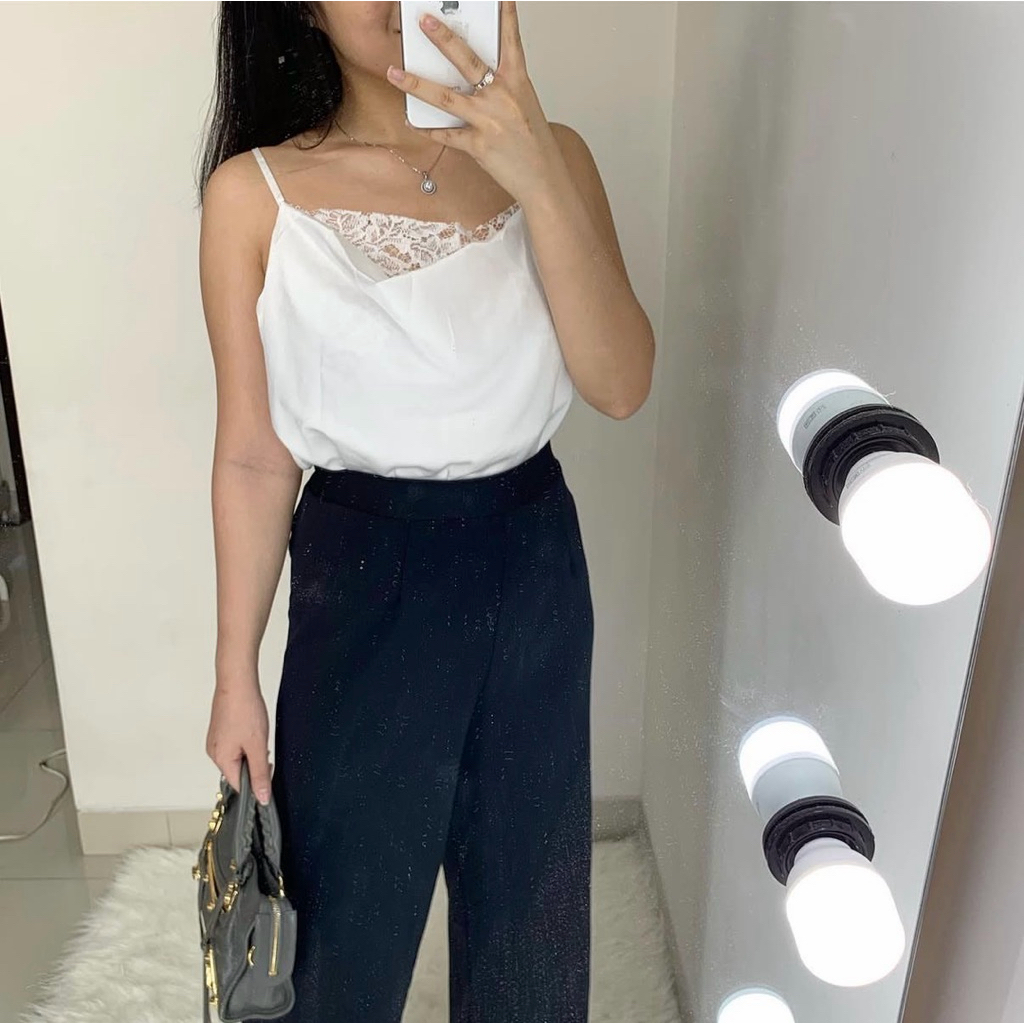 Lace Top White Satin Atasan Blouse Putih