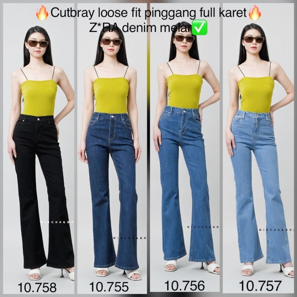 M&B JEANS Celana Panjang Wanita Jeans Cutbray Loose Fit Pinggang Karet High Rise Super Stretch