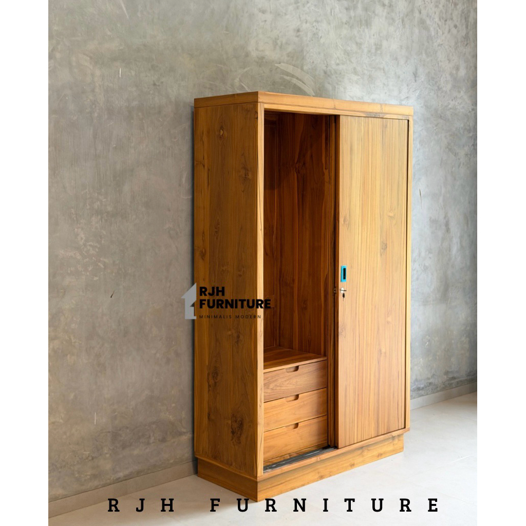 LEMARI SLIDING KAYU JATI, ALMARI PAKAIAN MINIMALIS, LEMARI MINIMALIS JATI