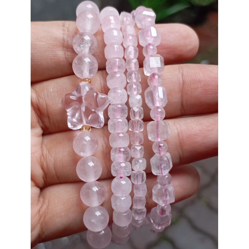 Gelang Batu Rose Quartz Kuarsa Mawar Alam Asli Natural Cube Mix Roundel Rondel 4mm 6mm 8mm Zhao Lusi