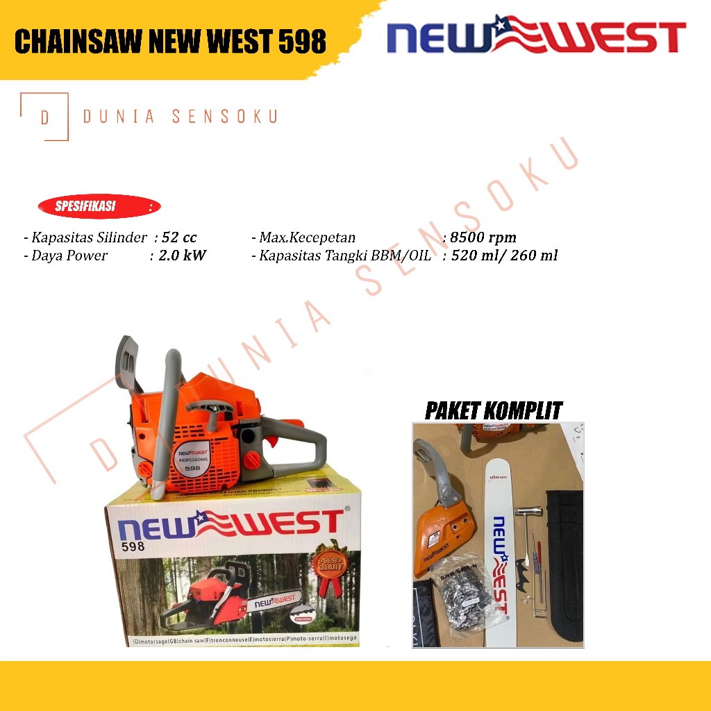 Chainsaw NEW WEST NW-598 Mesin Gergaji Kayu 22 Inch - Mesin Potong Pohon Sinso New West 598 Original
