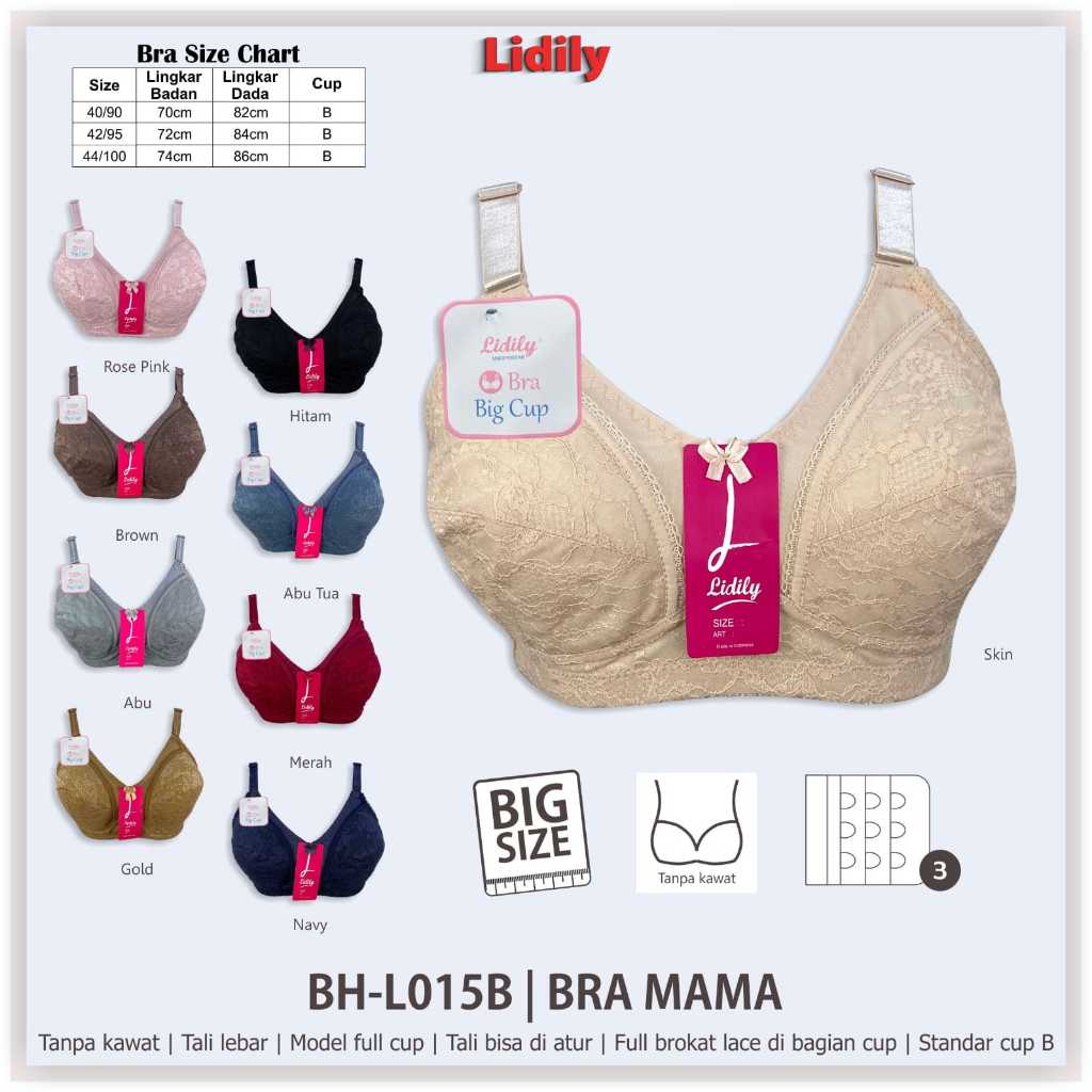 Lidily - Bra Tanpa Busa Dan Tanpa Kawat Bh L015 Bra Mama | Underwear Big Cup | BH Tali Lebar