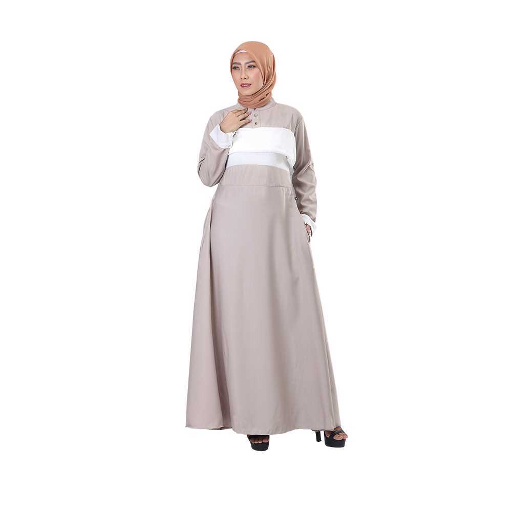 Gamis Muslimah Wanita Remaja Bahan Balotelly Premium Warna Cokelat Putih Dress Casual Slim Fit