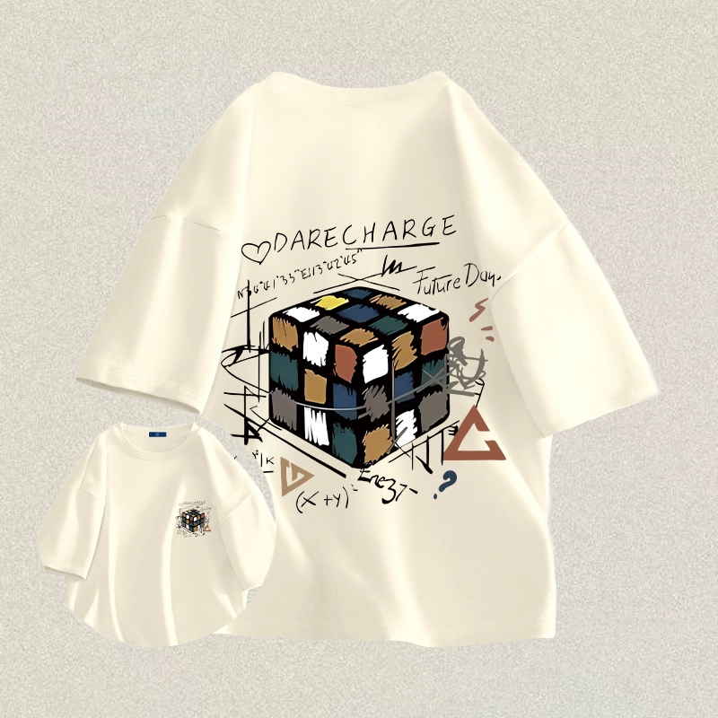 RENELLE Baju Kaos Oversize Pria | Kubus Rubik yang digambar tangan Rumus Matematika Gambar iseng | K